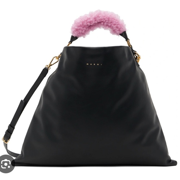 Marni Handbags - MARNI Black medium Venice tote with pink shearling handle